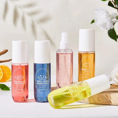 Natural alcohol-free and low-allergen liquid perfume spray that can be used on hair body and clothing Water-based natural oil