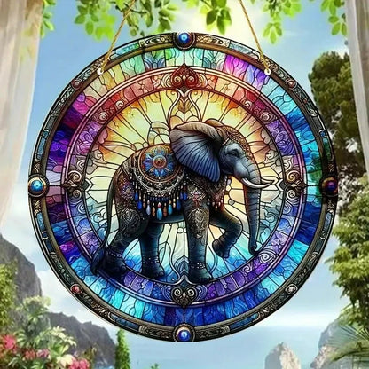 Strong Elephant Sun Catcher- Round Acrylic Stained Art Translucent Window Hanging,Home,Porch,room,Farmhouse Garden Decor
